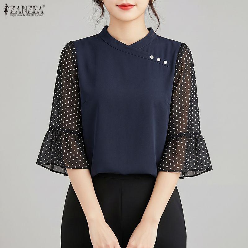 ZANZEA Women Casual Round Neck Polka Dot Print Splice 3/4 Sleeve Loose Blouse