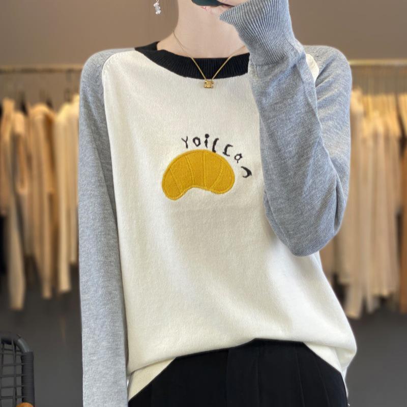 

Женский вязаный пуловер из шерсти с цветными блоками - Вышитый длинный рукав для осени и весны Extra Large белый/серый