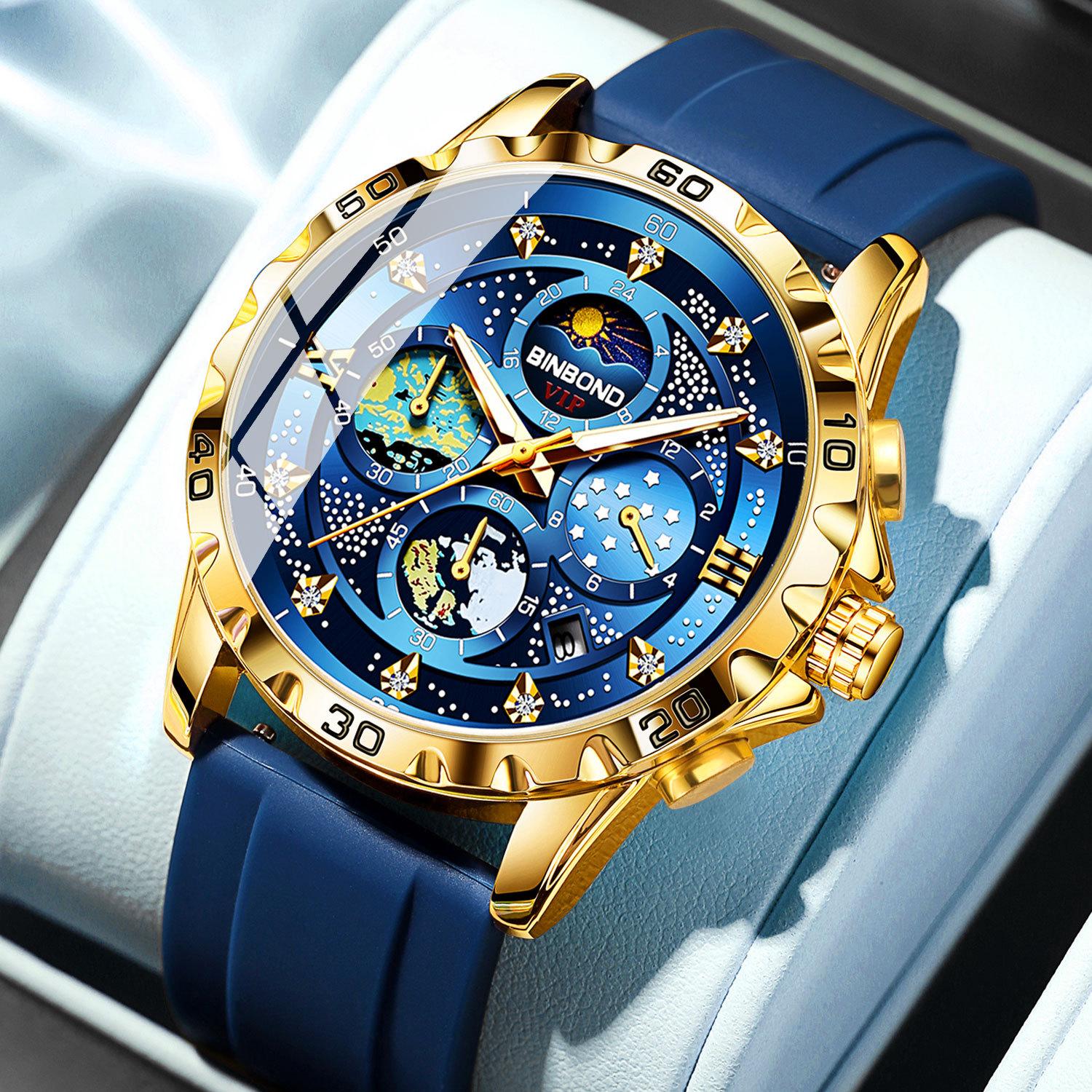 

Мужские кварцевые часы с циферблатом с тремя глазами, 24-часовым окошком с календарем фаз Луны, водонепроницаемые светящиеся кварцевые часы синий/золотой