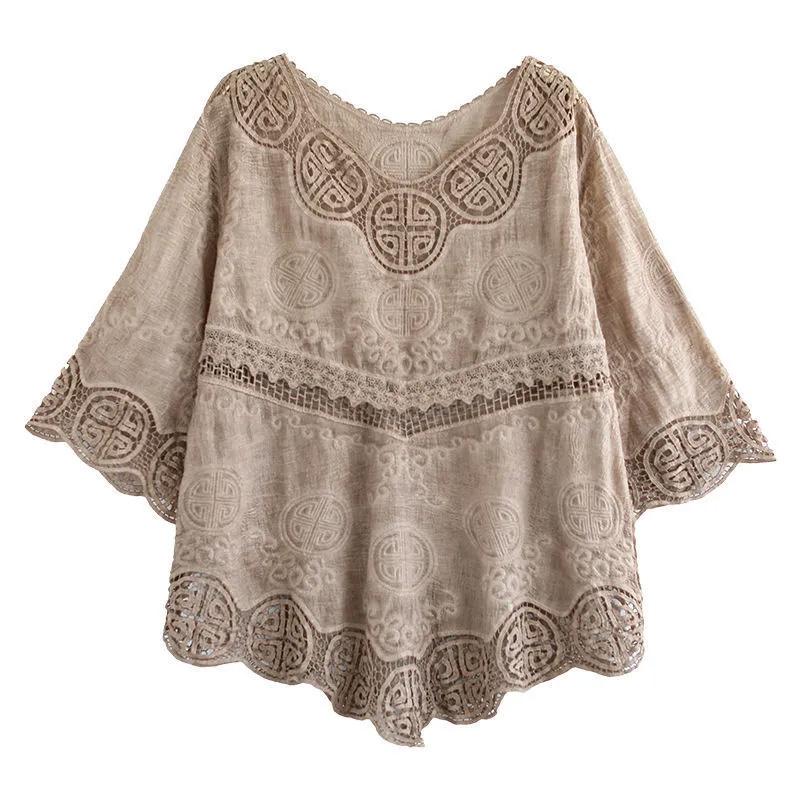 Shirt Tops Women Cotton Blouse Oversized Comfortable Embroidery Long Sleeve Hollow Shirt V-Neck Lace Shirt Tops