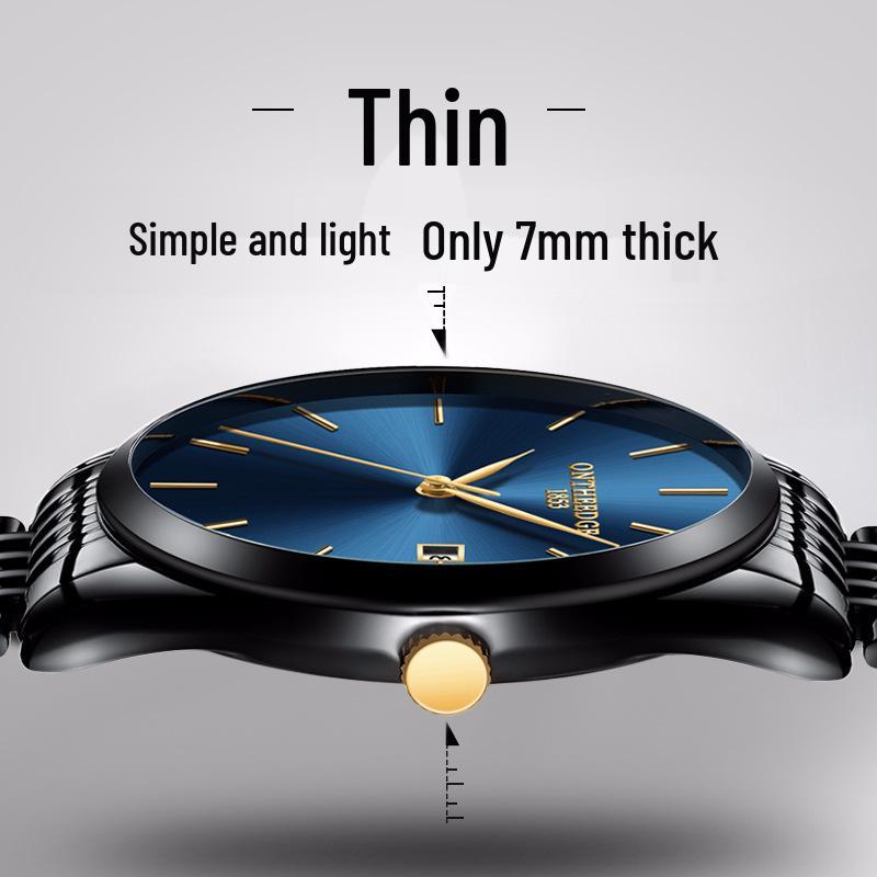 Men's Hong Kong-Style Ultra-Thin Quartz Wristwatch with Steel Band and Calendar