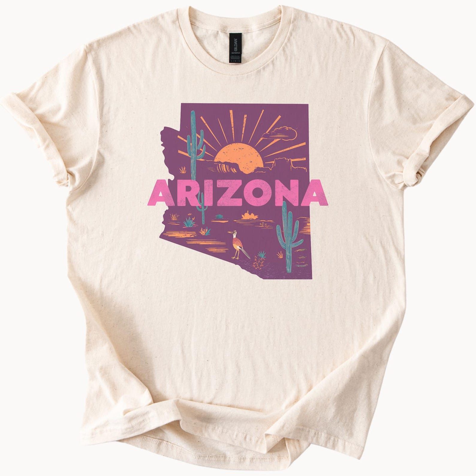 Arizona Desert Sunset Graphic T Shirt Southwest Cactus Landscape Nature Art Tee Unique Arizona State Outline Gift for Outdoor Lovers 130