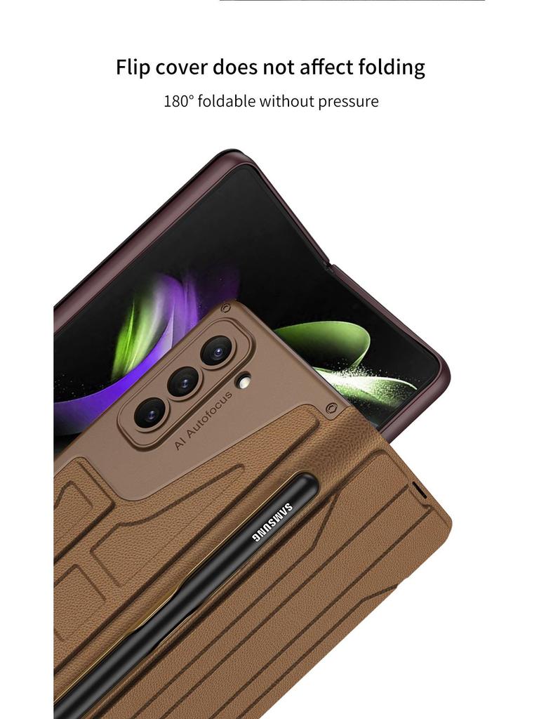 Samsung Z Fold5 Leather Flip Case with Pen Slot - Foldable Screen Protective Cover