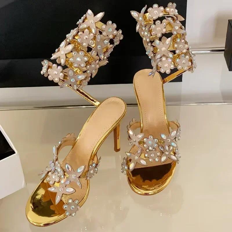 Fashion Luxury Shiny Rhinestone Designer Thin High Heels Women Sexy Ankle Strap Heeled Sandals for Women Crystal Flower Banquet Pumps