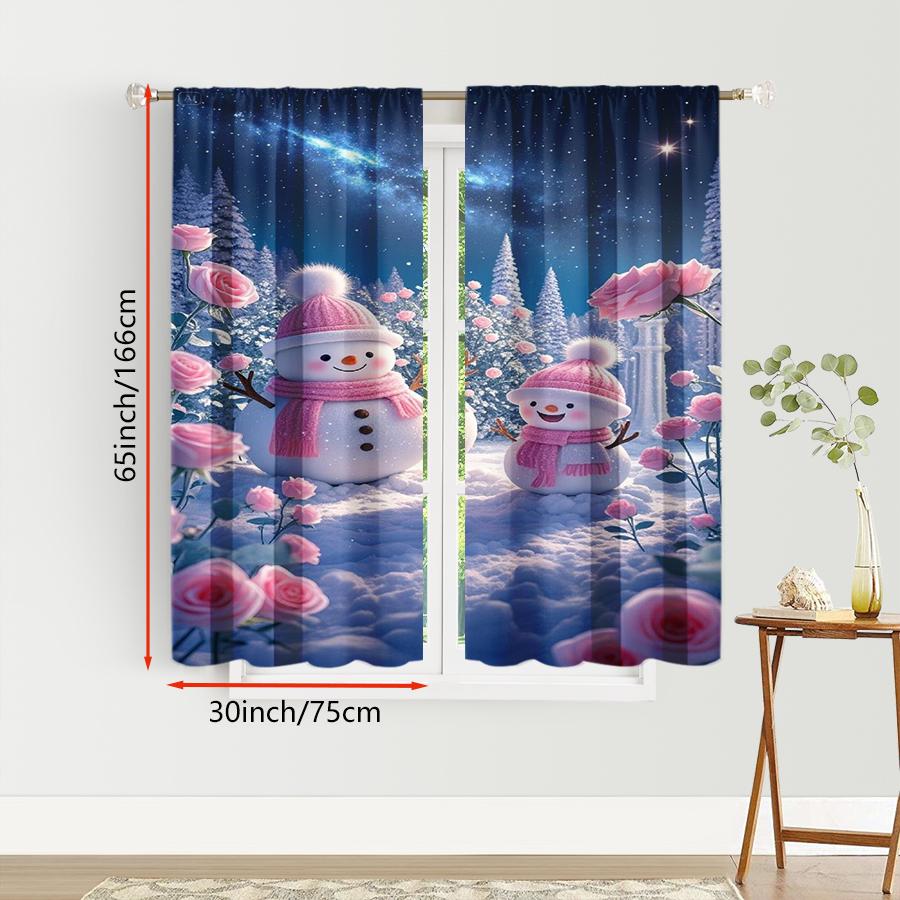 2PCS Pink Rose Snowman Curtains, Dreamy Winter Night Rose Garden Scene, Romantic Christmas Window Drapes for Bedroom Living Room