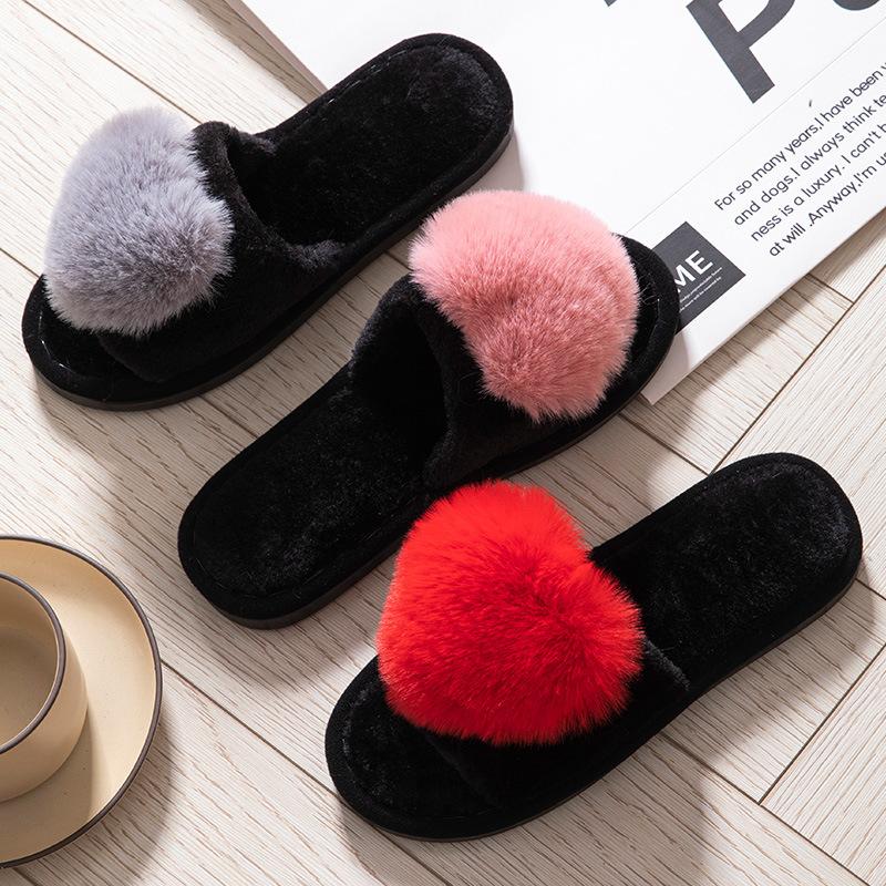Love Open Fluffy Open-toed Warm Autumn and Winter Four-season Open Cotton Slippers Home Slippers