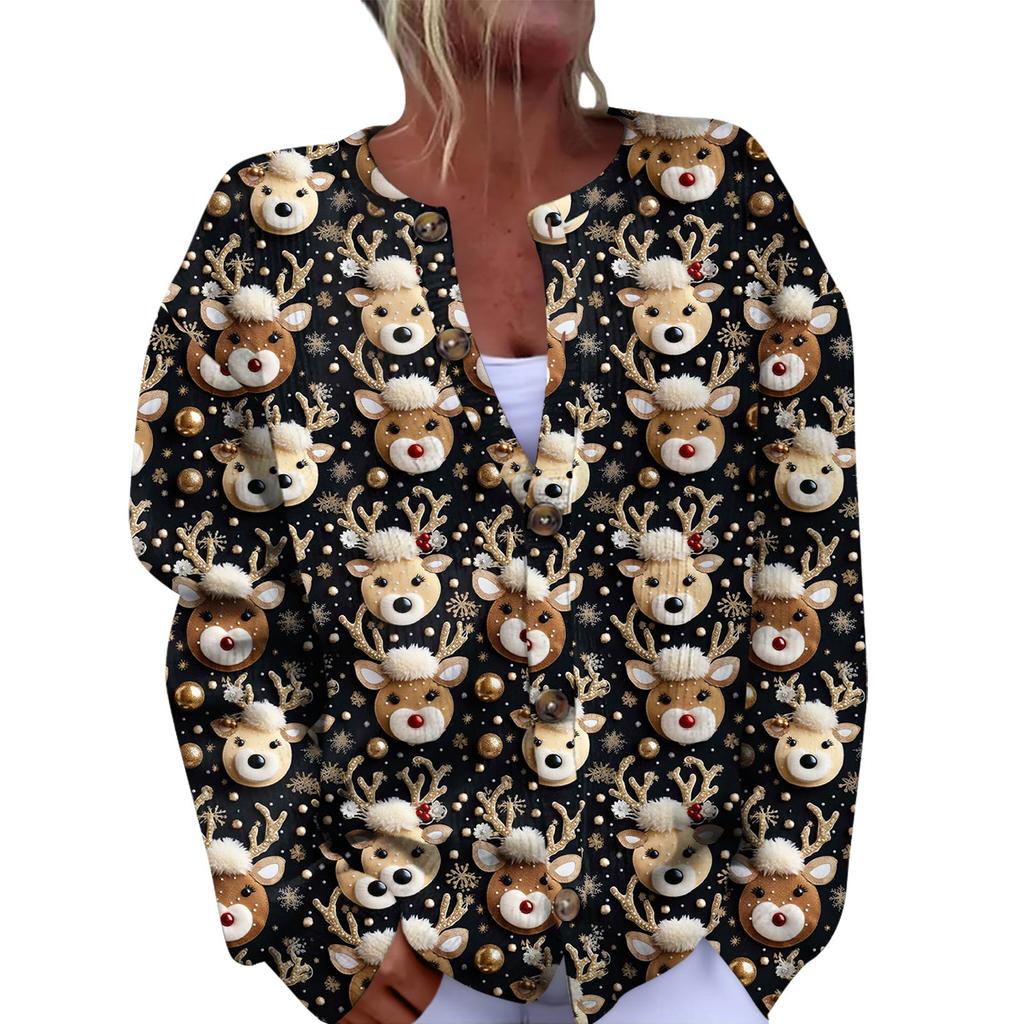 Women's Fashion Christmas Printed Long Sleeve Knitted Cardigan Button Down Jacket