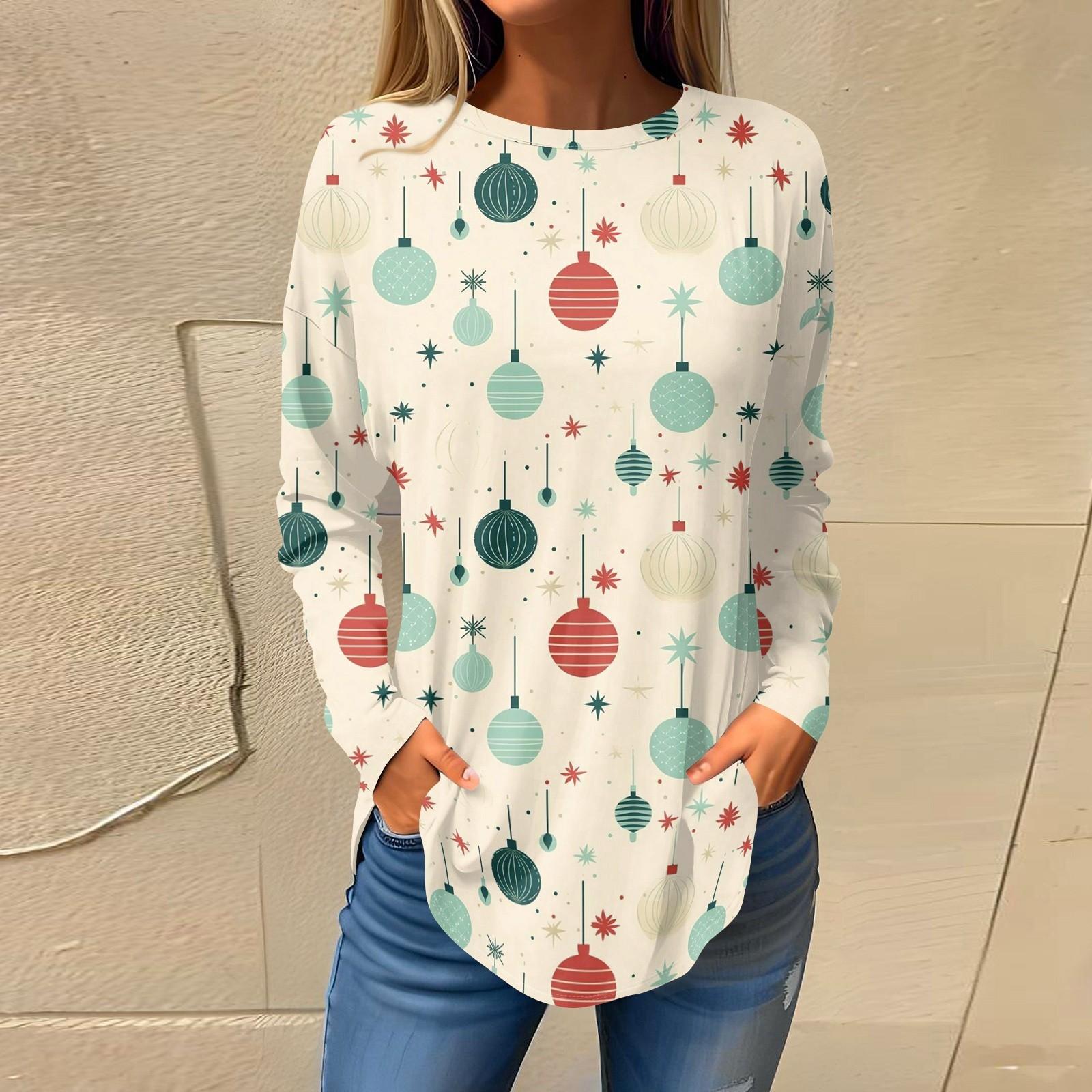 

Футболки для женщин, осенние повседневные рубашки с длинным рукавом, толстовки с винтажным графическим принтом, топы, пуловеры, рождественские XL белый