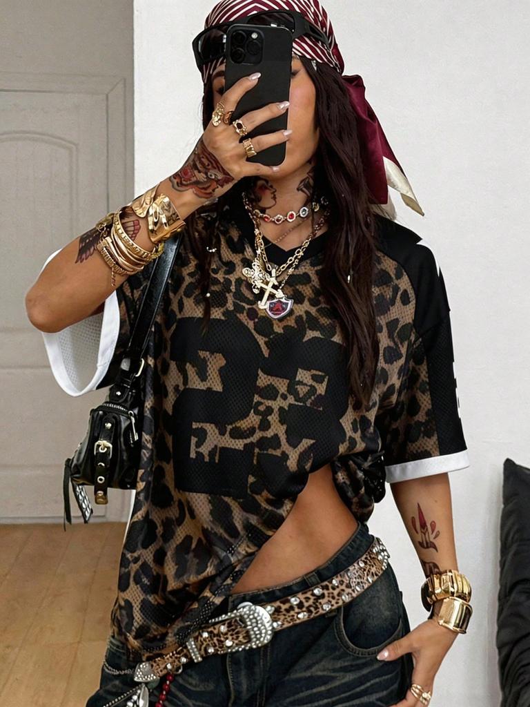 New Women No.23 letter print Fashion Summer Oversize Breathable Mesh Graphics Comfy Sport Leopard Print