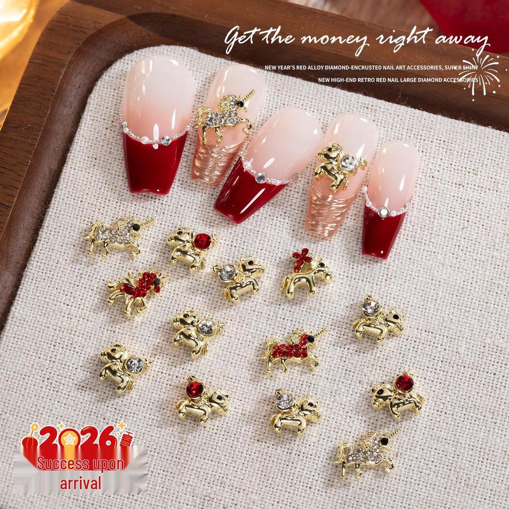 2026 Year of the Horse Luxury Alloy Nail Art: Zodiac Horse Glitter Zirconia Diamond Decorations for Fortunate Nails