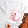 Pink Sakura Alphabet Graphic T Shirts Women AZ 26 Alphabet Pink Flower Cartoon Tshirts Cherry Blossom Letters Casual Tops Tees