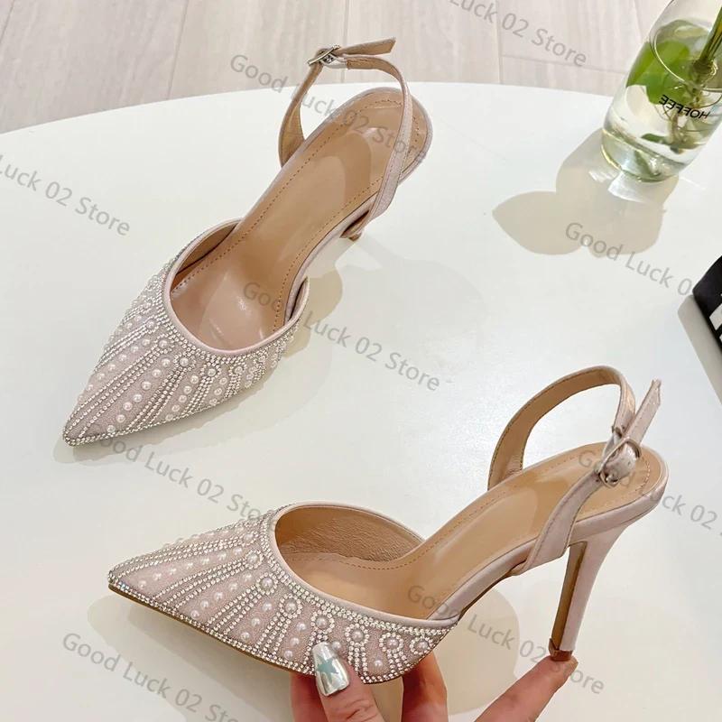 

Fashion 2025 Street Style Crystal Bead Buckle Strap Women Pumps Sandals Sexy Pointed Toe Thin High Heels Banquet Party Mule Shoes 35 розовый