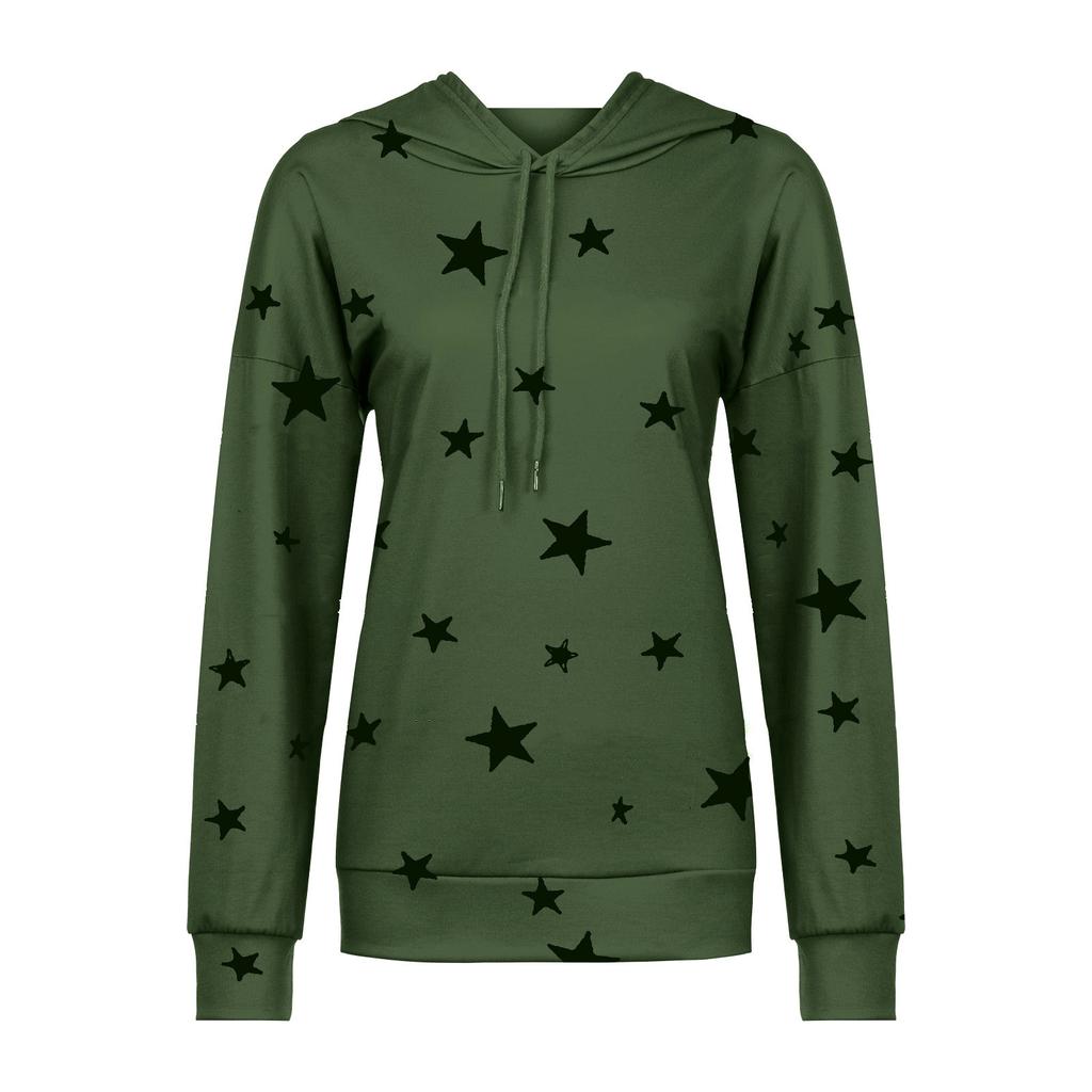 Women Fashion Hooded Star Print Patchwork Long Sleeves Tops Blouse Sweatshirt