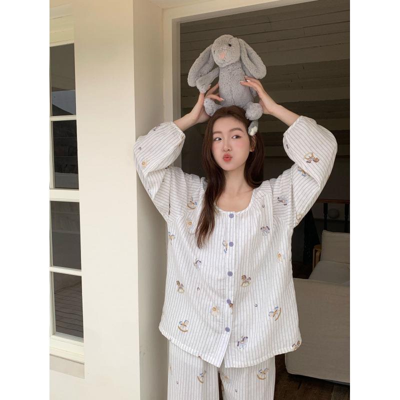 

Striped Wooden Horse Cotton Pajama Set: Long-Sleeve Top & Pants M (up to 60kg)