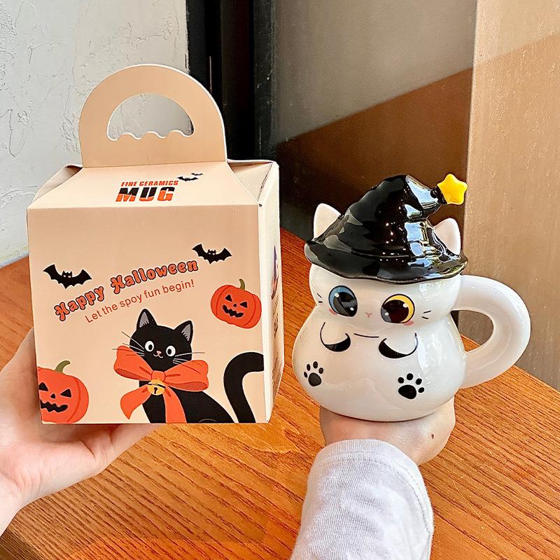 Halloween Magic Hat Cat Water Cup Ceramic Mug with Lid for Girl Girlfriend Birthday Gift Gift Box