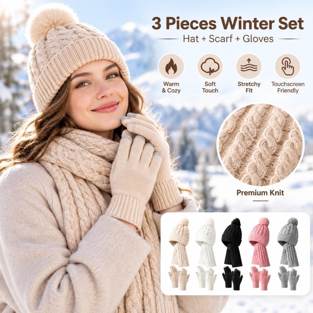 3Pcs/Set Warm Knit Beanie Snood Set Knitted Touchscreen Gloves Winter Hat Scarf Gloves Set  Unisex