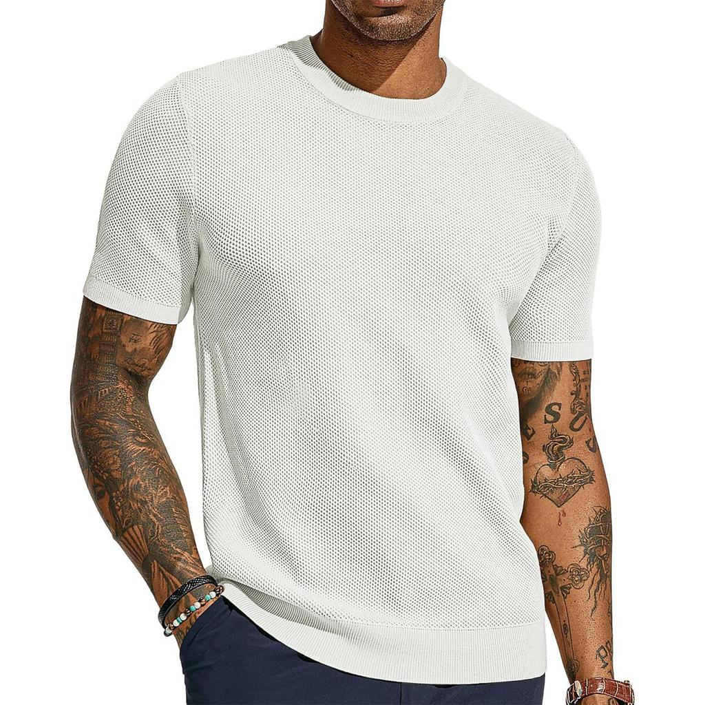 Men's Summer T-shirt Knitted European And American Retro Style Round Neck Long Sleeved Shirt