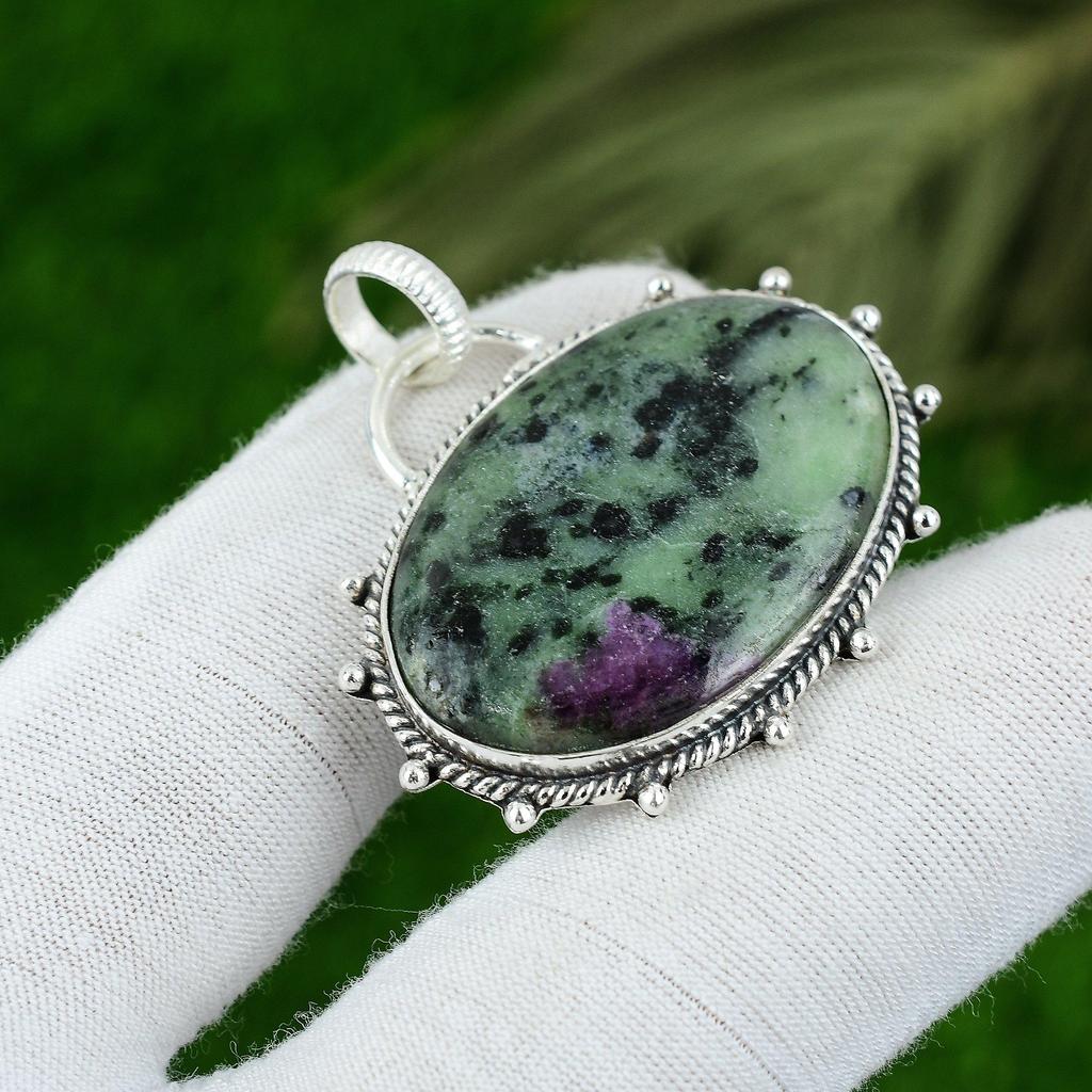 Birthday Gift For Her Natural Ruby Zosite Gemstone Pendant 925 Sterling Silver