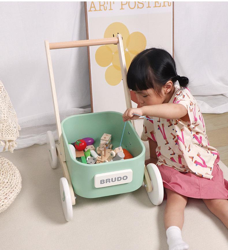 Multifunctional Baby Walker: Wooden Pull-Along Toy for Early Learning and Storage Habits.