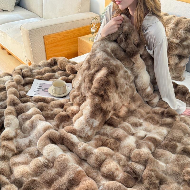 Light Luxury Imitation Rabbit Fleece Blanket Tie-dye Bubble Fleece Double-layer Warm Soft Living Room Bedroom Sofa Blanket