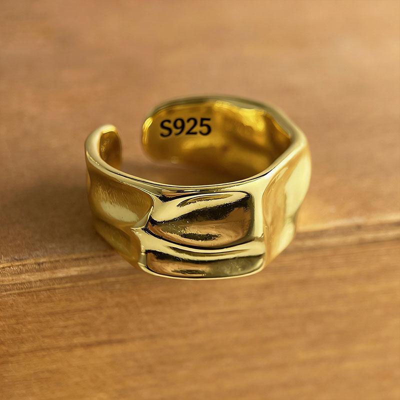 BF CLUB 925 Sterling Rings for Women Simple Geometric Handmade Irregular Retro Gold Narrow Ring Allergy For Birthday Gift