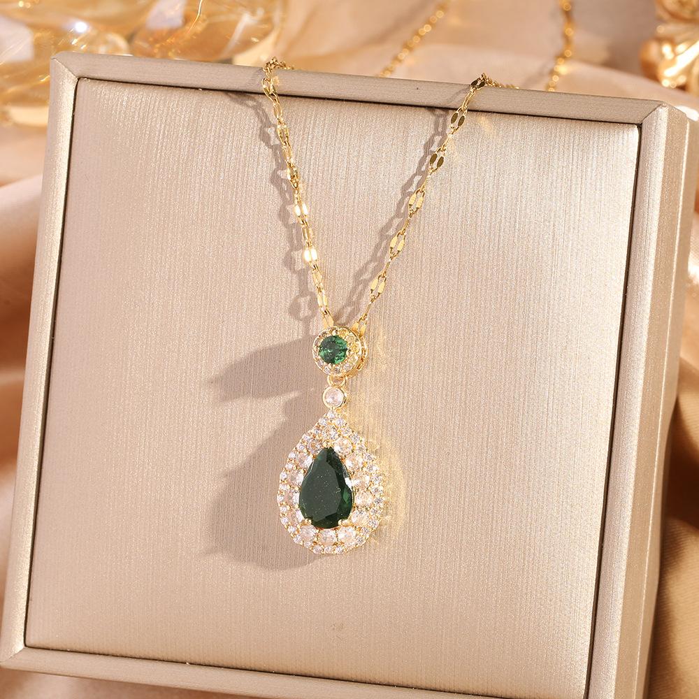 Teardrop Emerald Zircon Necklace Titanium Steel Versatile Elegant Long Lasting Necklace
