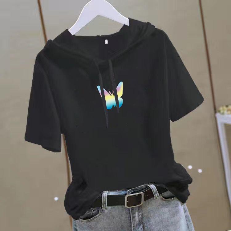 Women Hooded Short Sleeve T-Shirt Women Butterfly Print Drawstring Loose Casual Hoodie Top