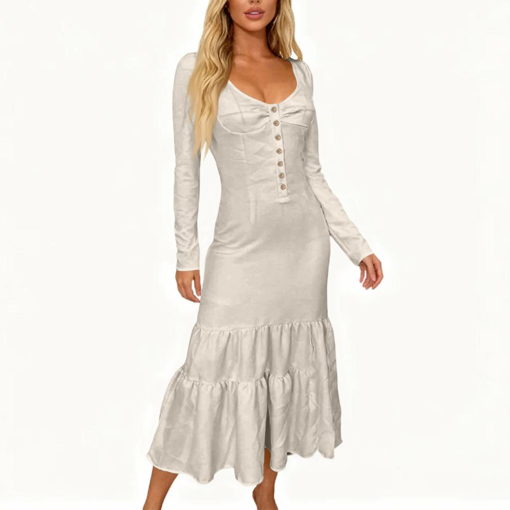 Women's Fashion Western Buttoned Gathered Long Sleeve Sexy Maxi Dress