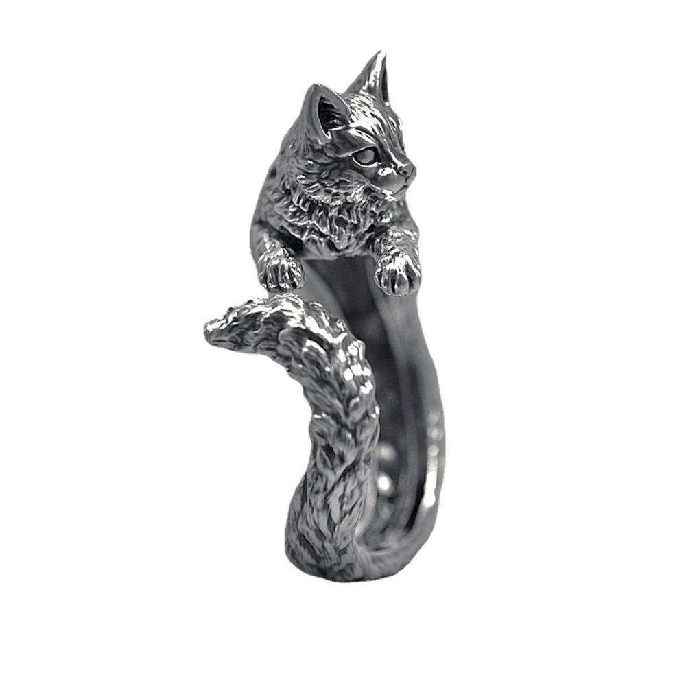 S925 Silver Black Cat Open Ring Adjustable Vintage Pet Jewelry for Women