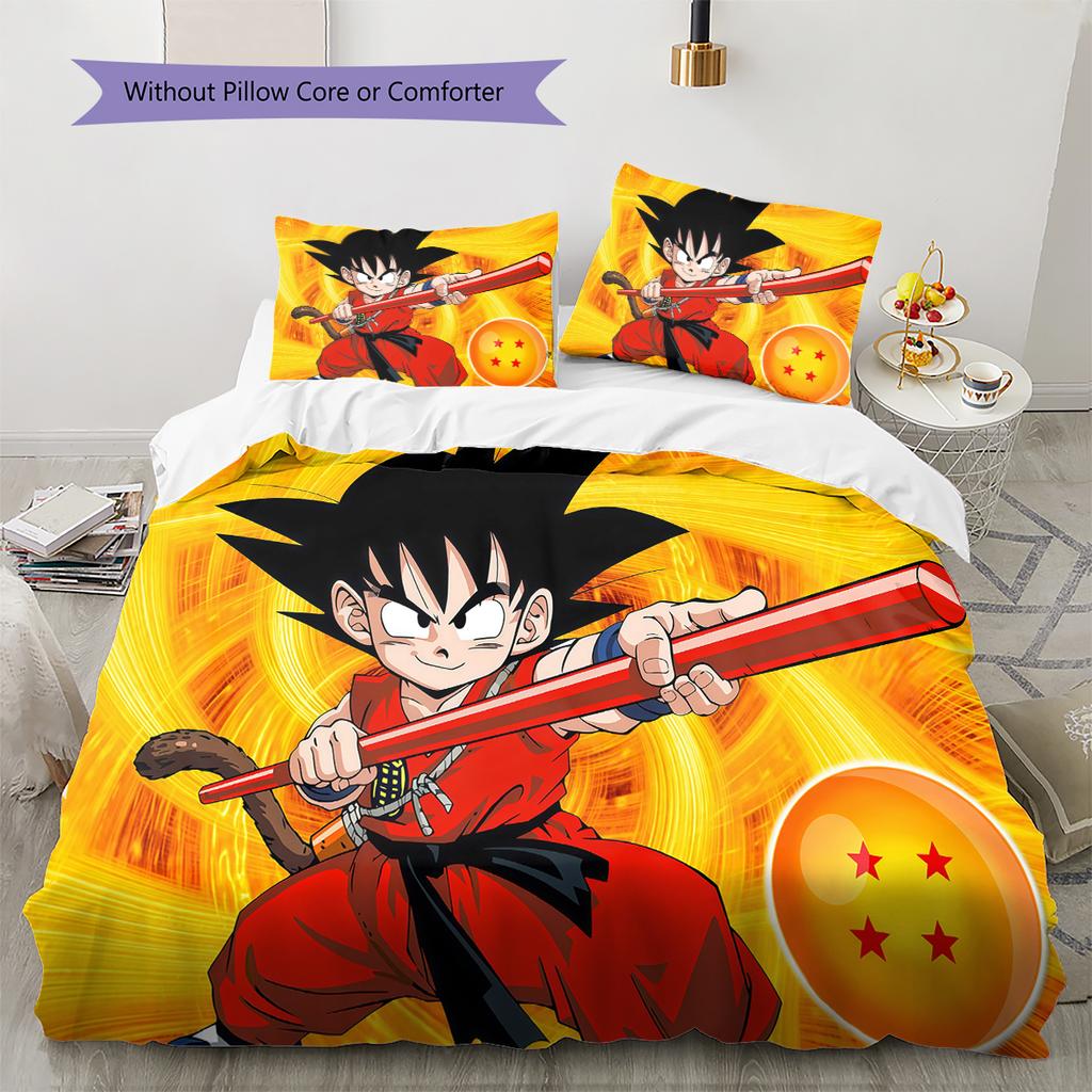 Lenjerie de pat cu model Son Goku, Set cu cuvertură, Husă de cuvertură, Față de pernă, Cadou de casă, Cadou de ziua de naștere (1 * husă de pilotă + 2 * fețe de pernă, fără miez)