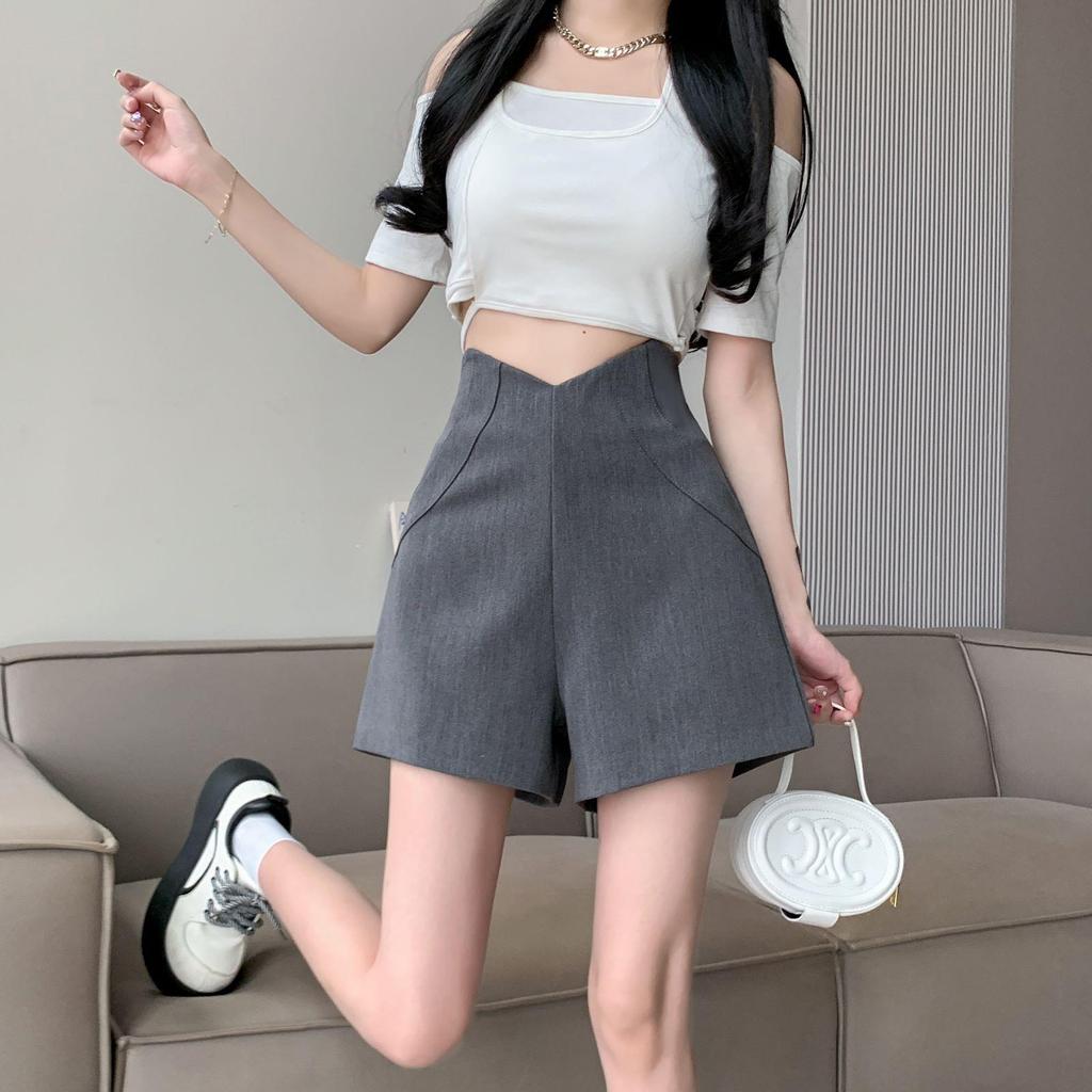 2024 Women's Grey High-Waist A-line Summer Shorts - Slimming, Casual, Versatile Wide-Leg Design
