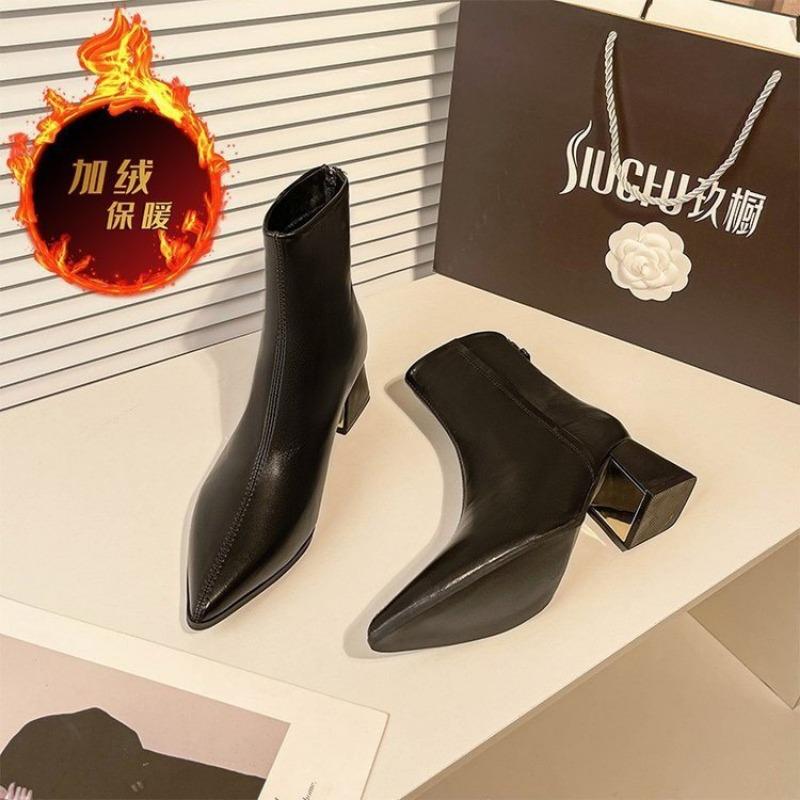 High Heel Boots Thick Heel Pointed Fashion Boots Women's Autumn and Winter New Versatile Women's Boots Rear Zipper Short Boots Women's