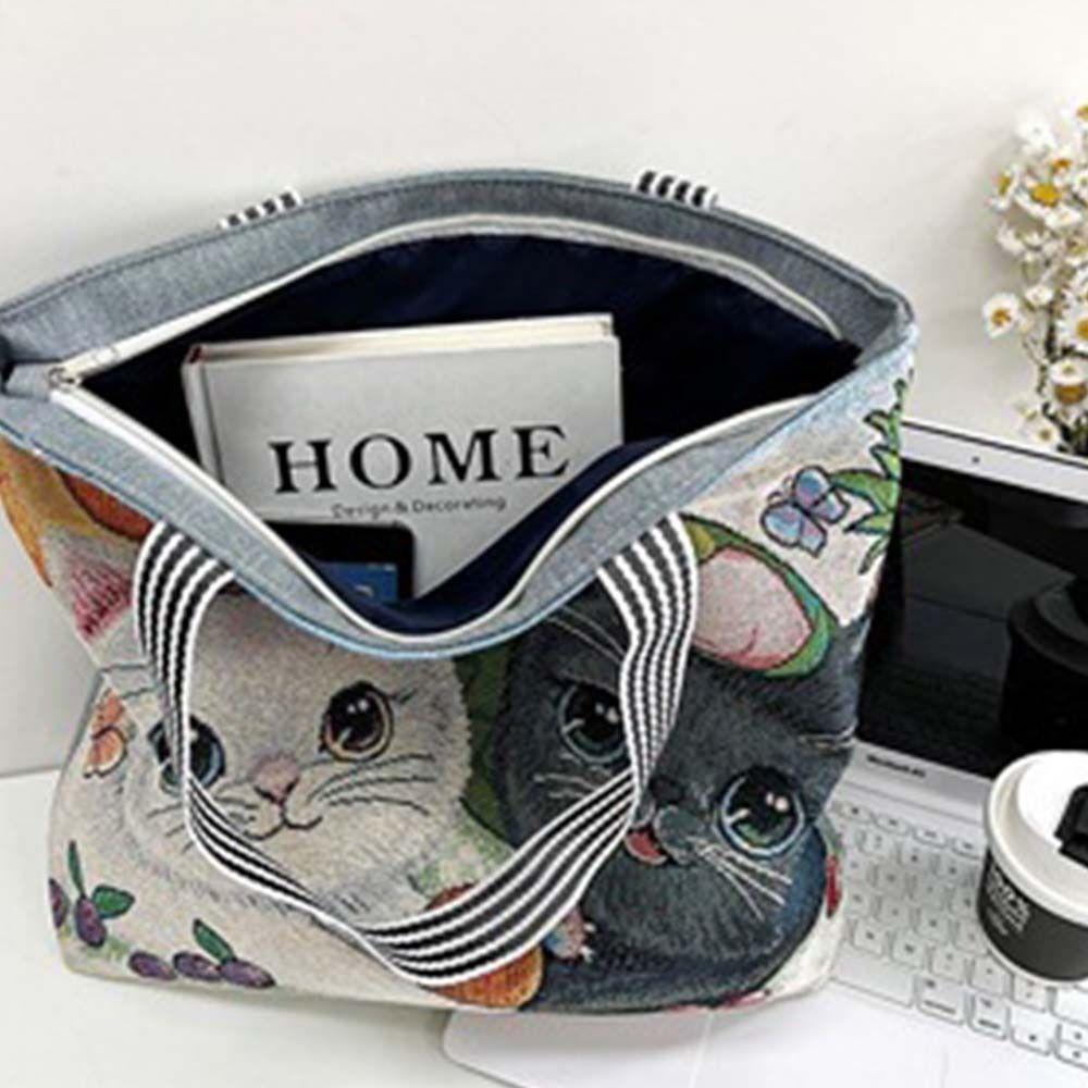 Large Capacity Ethnic Style Handbag Embroidery Animal Shoulder Bag Casual Cute Cat Cloth Bag Women