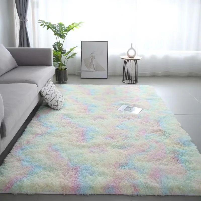 1PC Silk Wool Rugs Children's Room Living Room Bedroom Tie-Dye Non-Slip Washable Machine Washable Carpet Mats