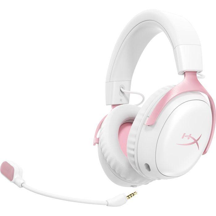 Casque Gamer Sans Fil HyperX Cloud III S Wireless blanc &amp; rose pour PC Mac PS5 mobiles Switch avec adaptateur USB-C et câble USB