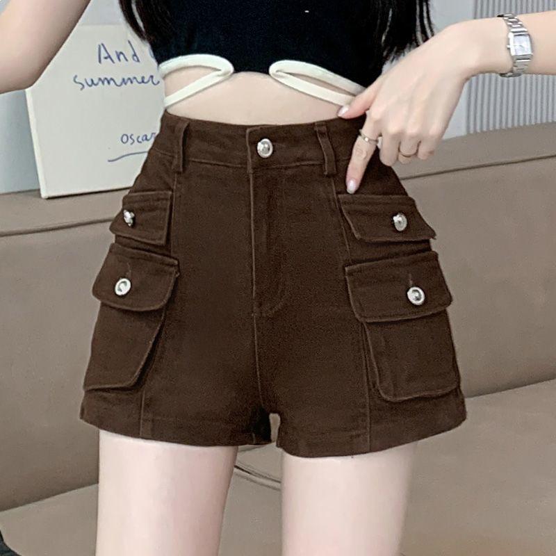 

Spicy Girl High-Waist Stretchy Cargo Denim Shorts - Coffee Color, Wide-Leg, Slimming Hot Pants for Summer 2026 S (80-90 jin)