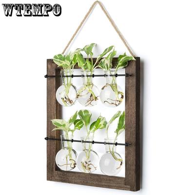 6pcs Propagation Station Wall Hanging Glass Planter Flower Bulb Vase Plant Terrarium with Retro Wooden Stand Double Layer for Hydroponics Plants