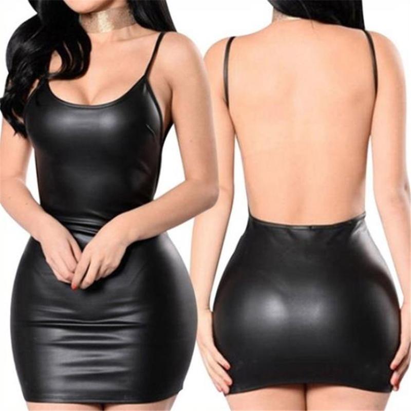 Rochie sexy din piele artificială, fără spate, rochie scurtă de petrecere în club, negru, plin, cu aspect umed, latex, bodycon, sutien push up, mini rochie micro