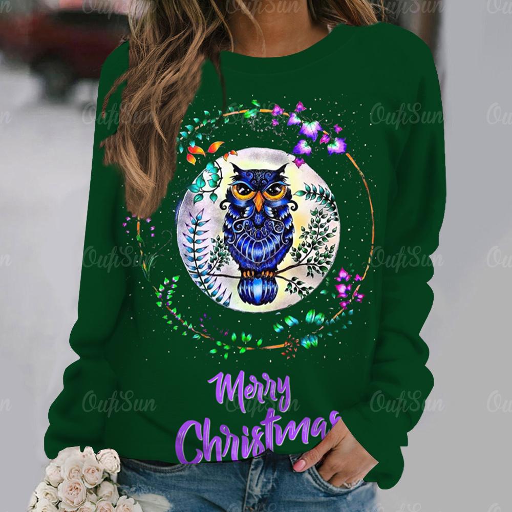 Cartoon Owl Pattern Cotton T-Shirt For Women Christmas Style Long Sleeve Tops Autumn O Neck Oversized Pullover Harajuku Sweater