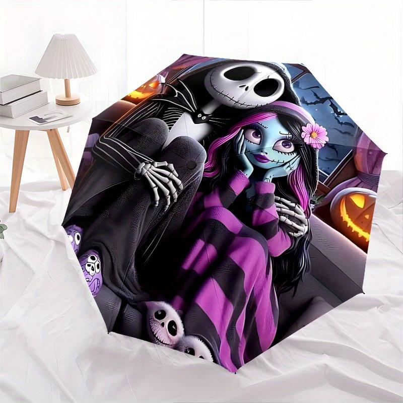 1 Auto Open Jack Skellington, Sally Themed Colorful 8 rib Portable Umbrella for Men and Women, A Compact Commuting Companion Suitable for Da