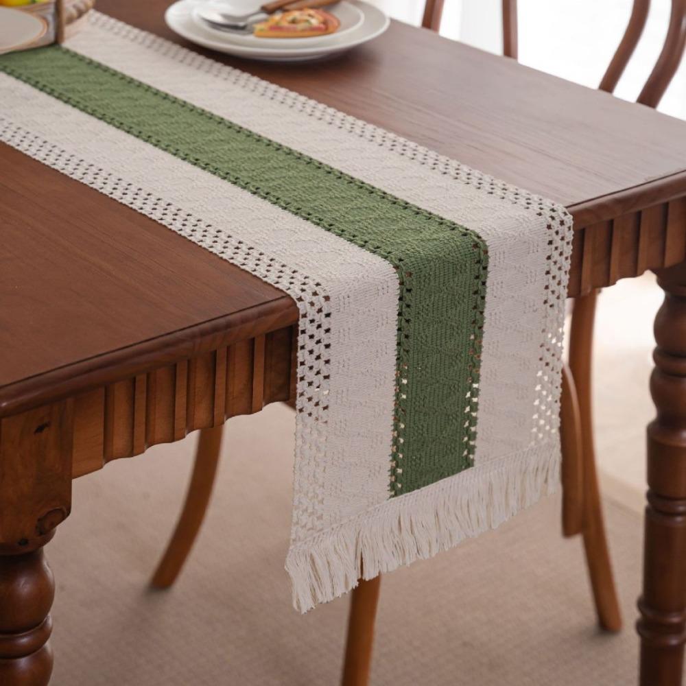 Vintage Style Christmas Table Runner with Long Fringe Khaki Woven Jacquard Wave Design for TV Cabinet Decor
