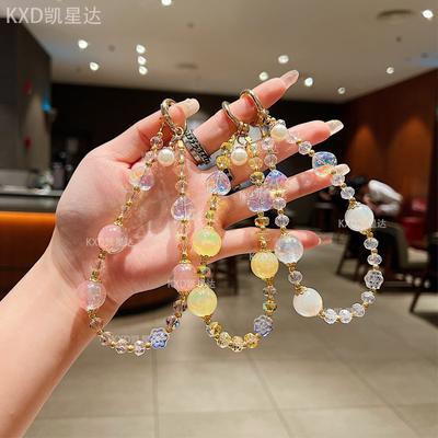 High-end Colorful Heart Crystal Beaded Phone Chain Short Wrist Handheld Keychain Pendant Bag Phone Strap