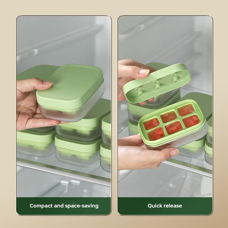 New Ice Storage Compartment with Mini Silicone Square Mould and Lid, Easy Release 6 Cube Ice Tray