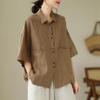 Womens Linen Cotton Button Up Blouse Casual Short Sleeve Pocket Shirt