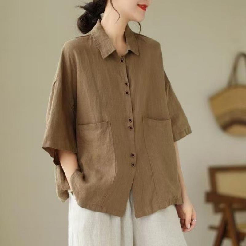 Womens Linen Cotton Button Up Blouse Casual Short Sleeve Pocket Shirt