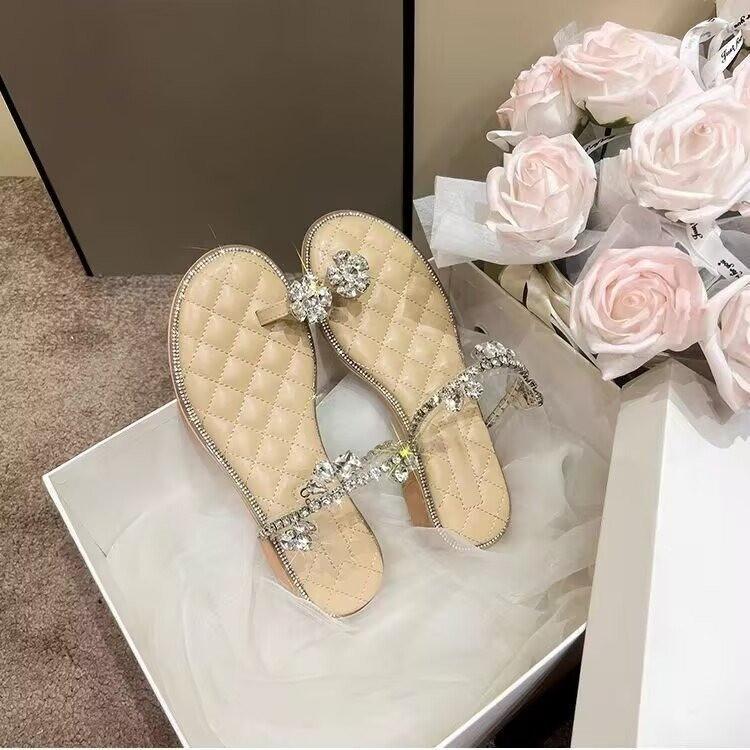 Coarse-heeled rhinestone French fairy style beautiful sandals 2025 summer new high-end feeling stepping on shit feeling wearing women's sandals