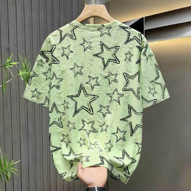 Men's Plus Size Star Print Textured T-Shirt, Casual Loose Short Sleeve Tee (5XL-11XL)