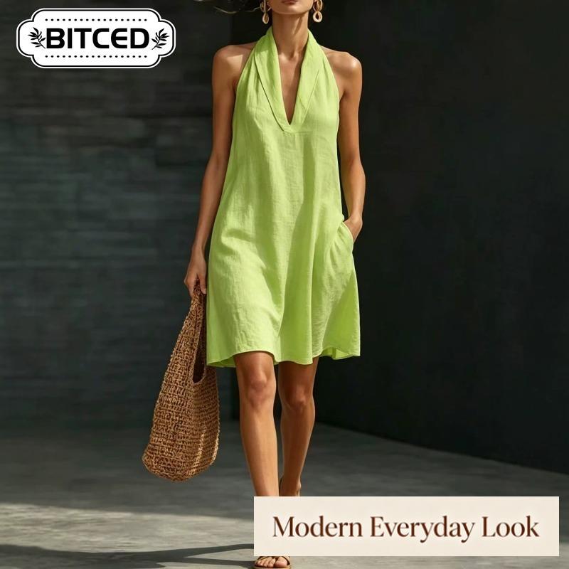 BITCED Women's Fashion Summer Spring Solid Color Print V-Neck Sleeveless Casual Dresses
