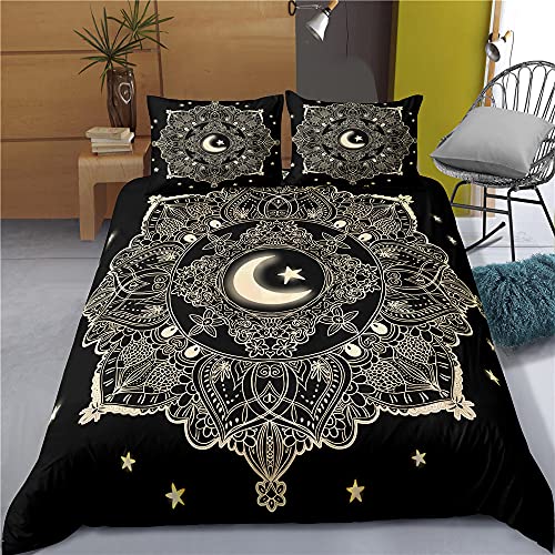 Zestaw pościeli Ręka Hamsy Boho Mandala Zestaw poszewki na kołdrę Czarny Złoty Bohemia Zestaw do łóżka Ręka Fatimy Pościel Szczęśliwa Ręka Poszwa na kołdrę