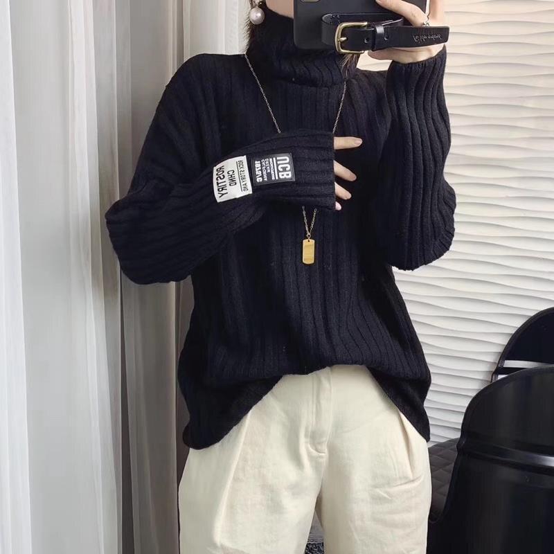 

Пуловер, свитер, осень и зима 2022, вертикальный свитер с высоким воротом, женский свободный пуловер с напуском, однотонный вязаный свитер, пуловер One Size чёрный
